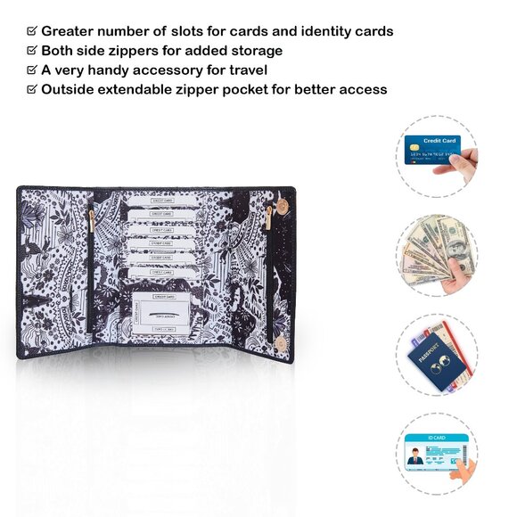 Hand Crafted Fabric Printed Black Trifold Wallet Card Holder – Women’s Organizer - Picture 4 of 9